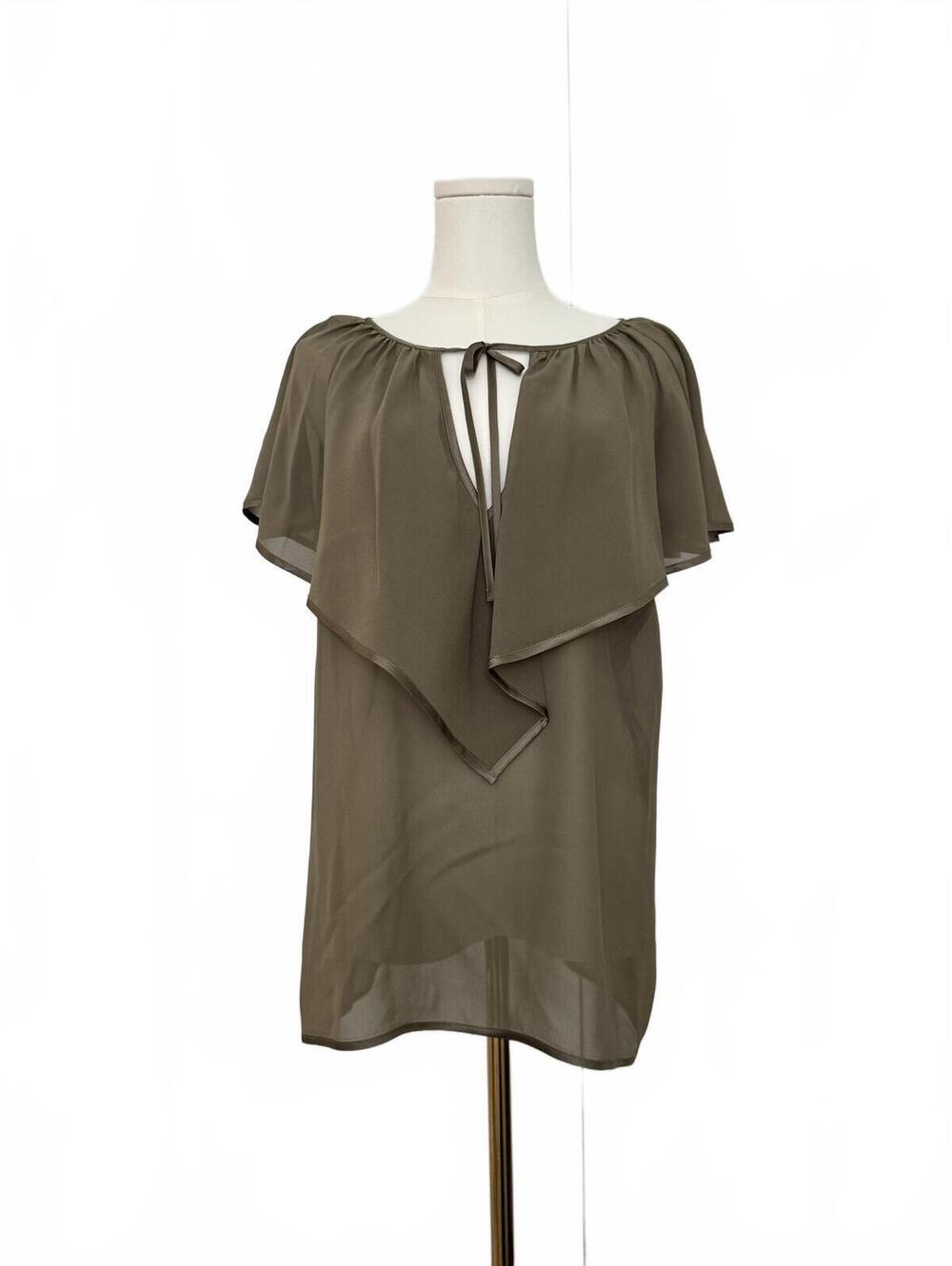Escada Silk Sheer Olive Flutter Sleeve Tie-Neck Blouse